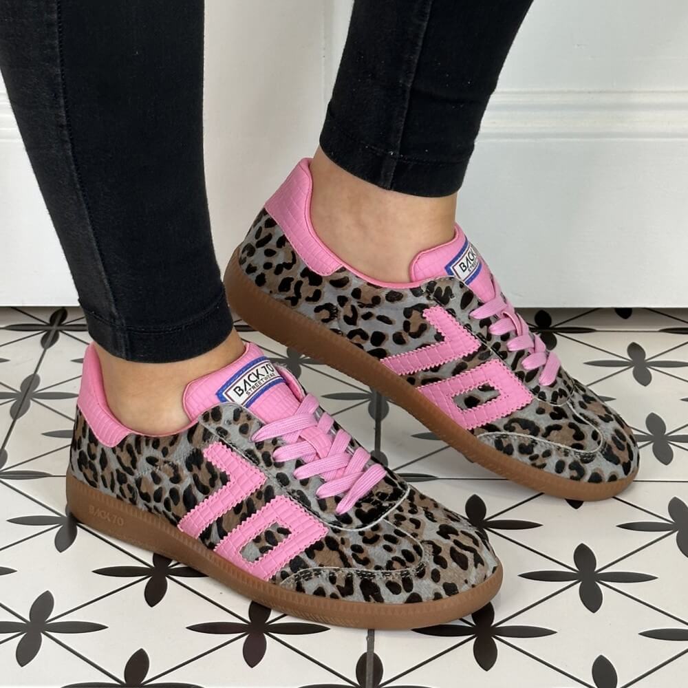 Leopard print sneakers with pink laces worn indoors on a patterned floor. Back 70 Cloud Retro Sneaker Leopard Pink