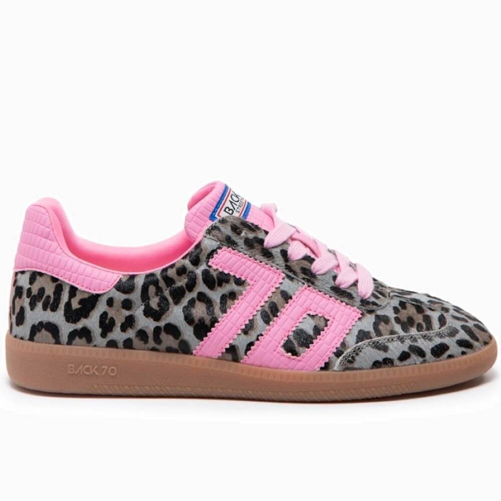 Leopard print sneakers with pink laces worn indoors on a patterned floor. Back 70 Cloud Retro Sneaker Leopard Pink