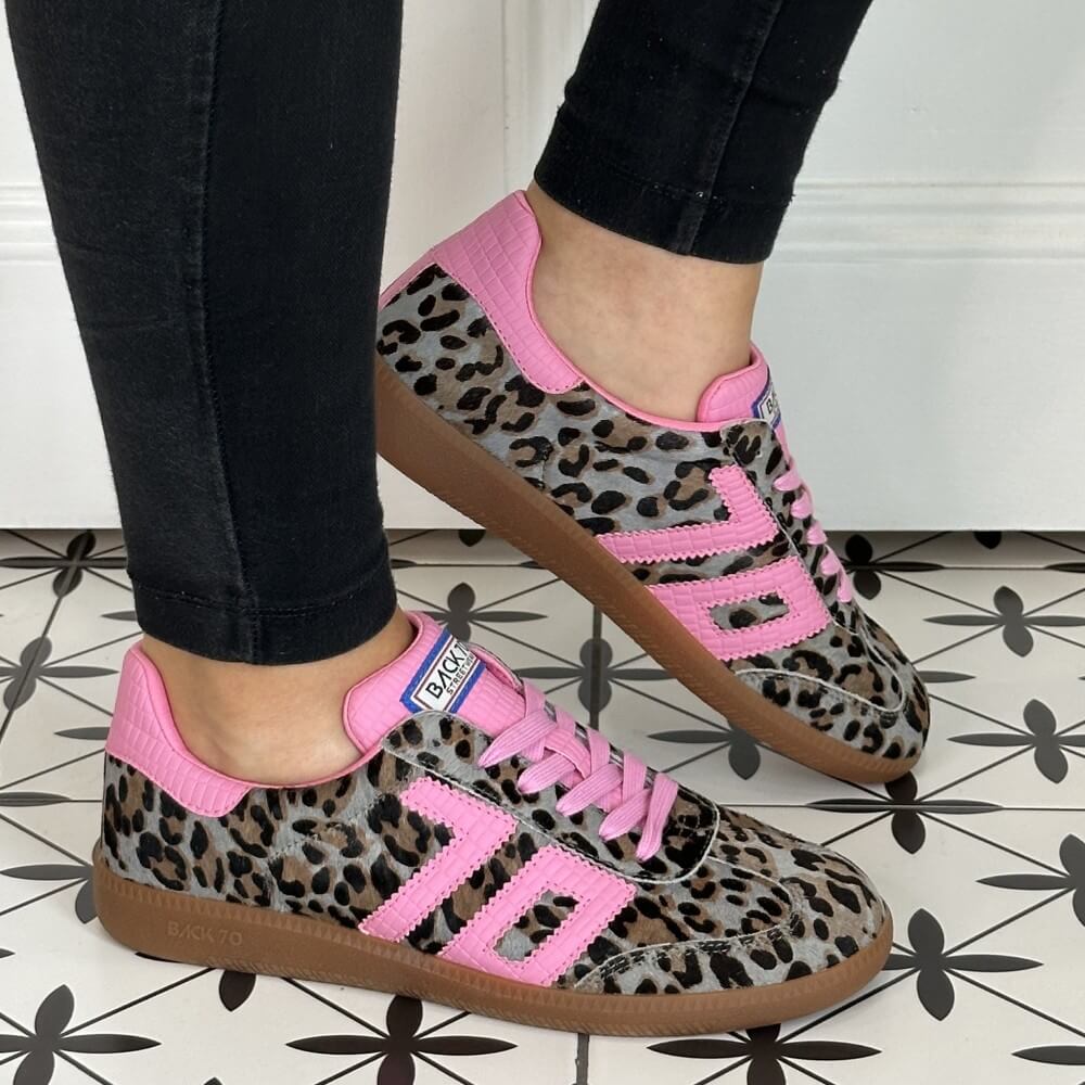 Leopard print sneakers with pink laces worn indoors on a patterned floor. Back 70 Cloud Retro Sneaker Leopard Pink