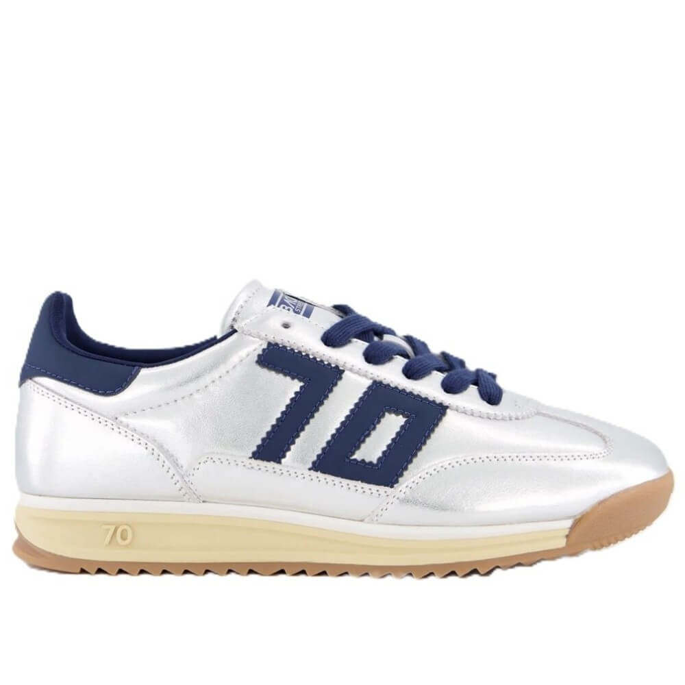 Silver sneaker with blue accents on a white background Back 70 Jogger MN43 Retro Trainer Silver Navy
