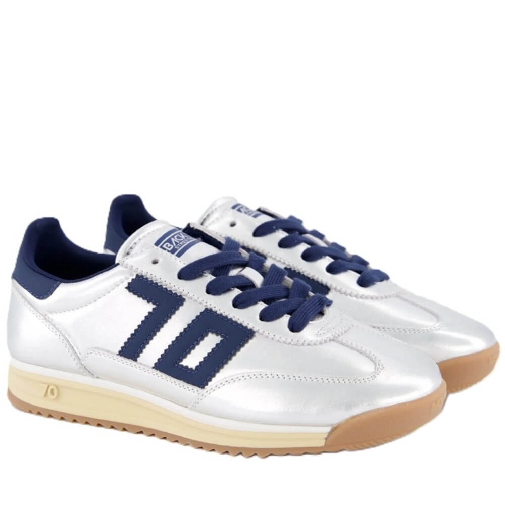 Silver sneaker with blue accents on a white background Back 70 Jogger MN43 Retro Trainer Silver Navy