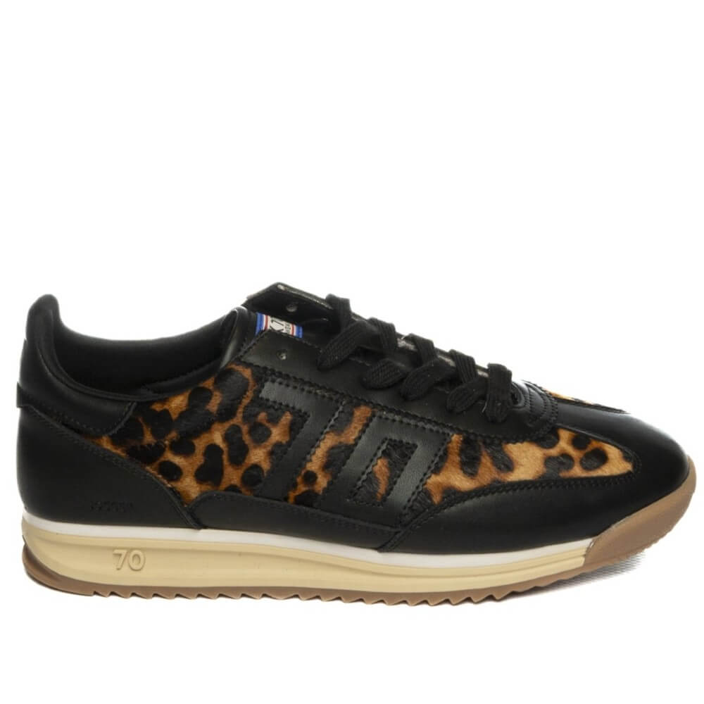 Black sneaker with leopard print accents on a white background Back 70 Jogger Retro Sneaker Black Leopard