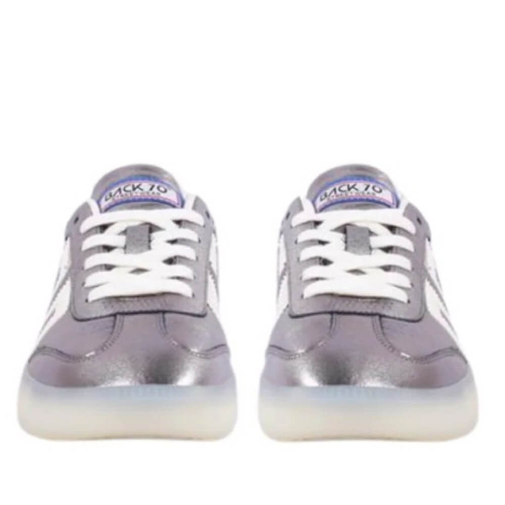 Pair of gray sneakers with white soles on a white background