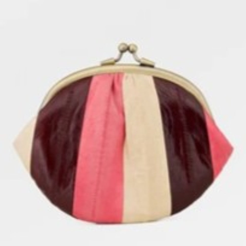 Colorful striped clutch bag with a gold clasp on a light gray background  Becksöndergaard Granny Purse Multi-Coloured
