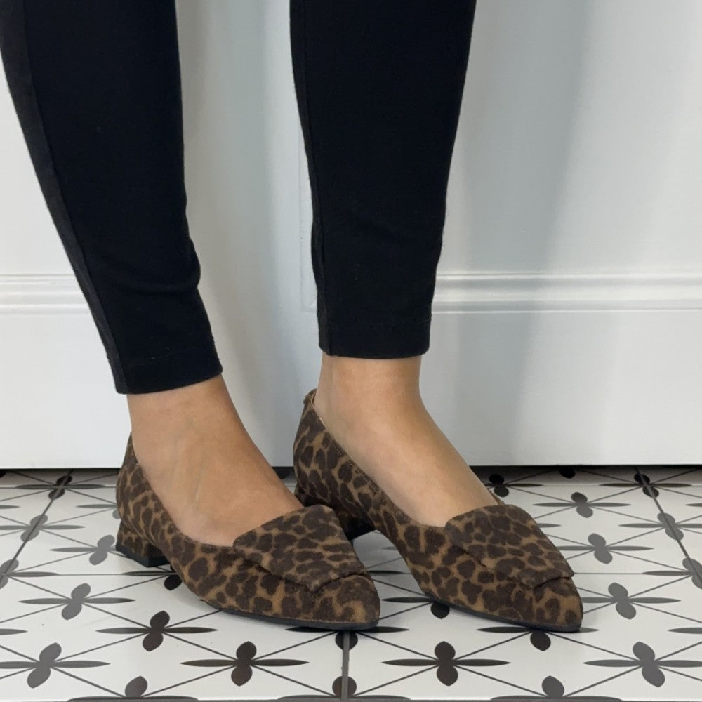 Bioeco Leopard Print Ballerina worn with black jeans on a tiled floor