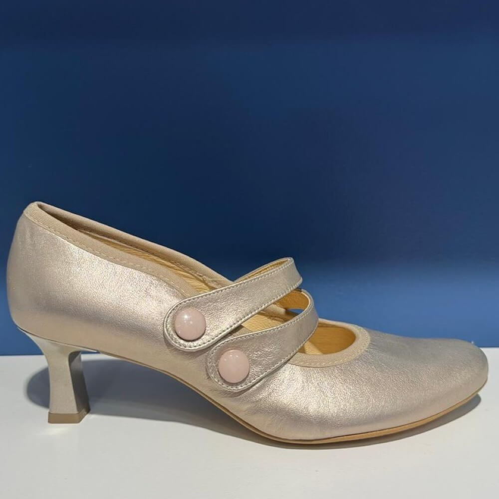 Bioeco Gold metallic Dancing shoe with buttons on a blue background