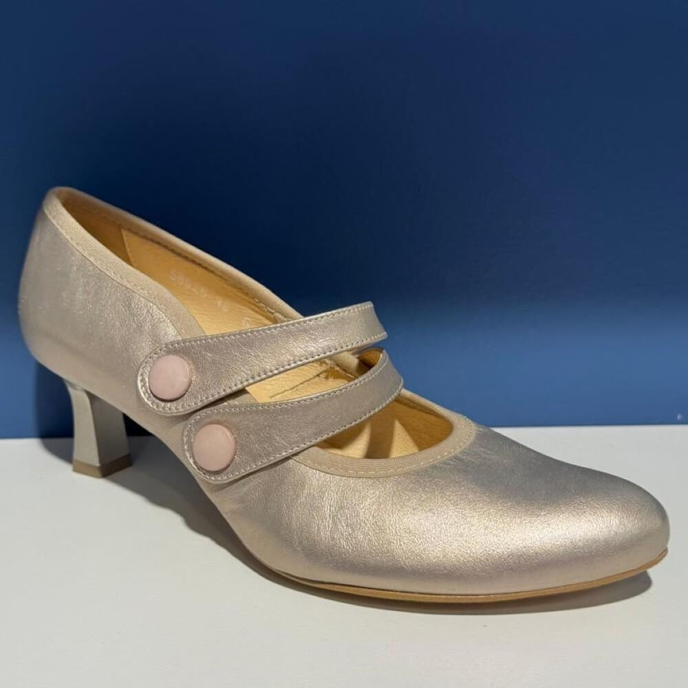 Bioeco Gold metallic Dancing shoe with buttons on a blue background