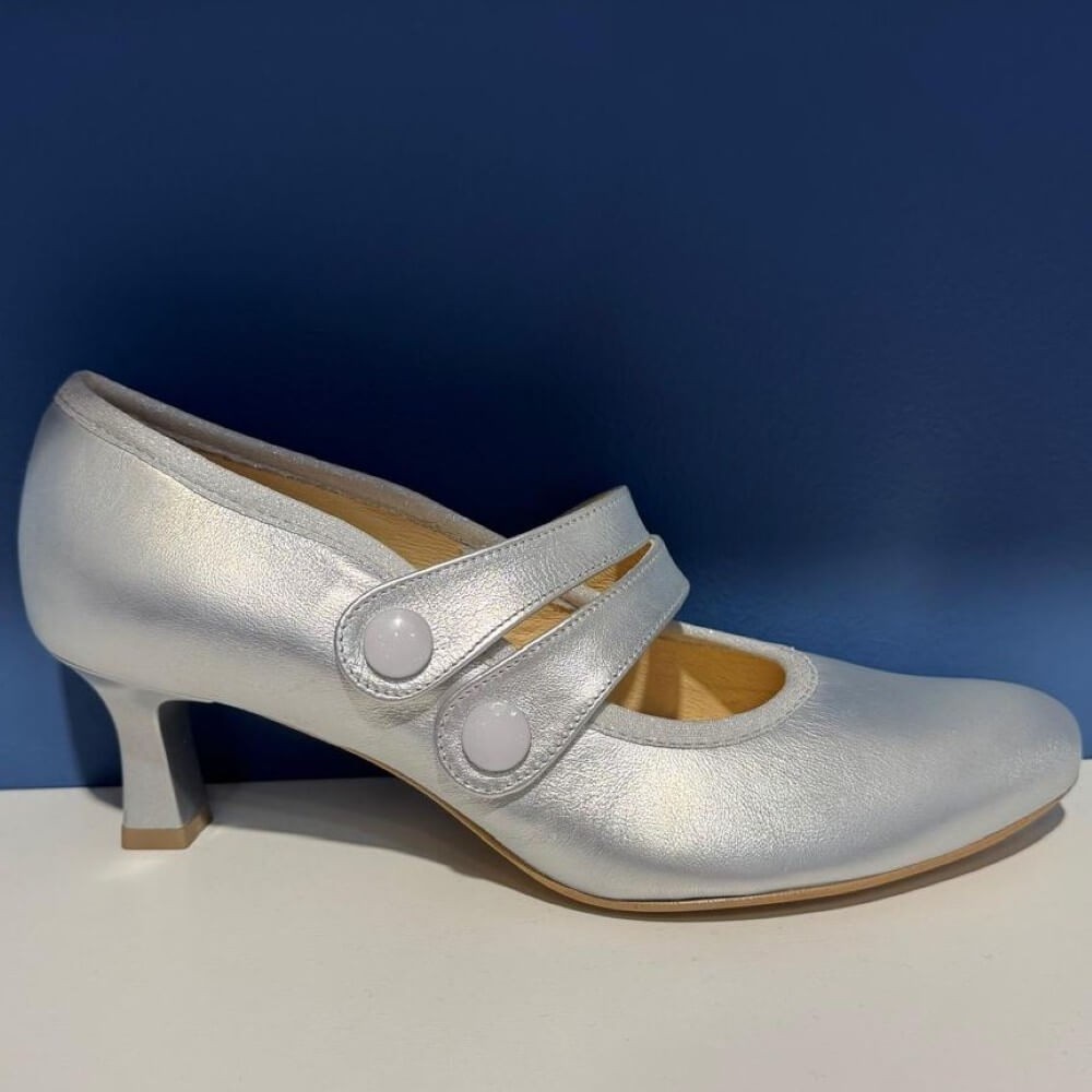 Bioeco Silver Mid-heeled dancing shoe with two straps on a blue background