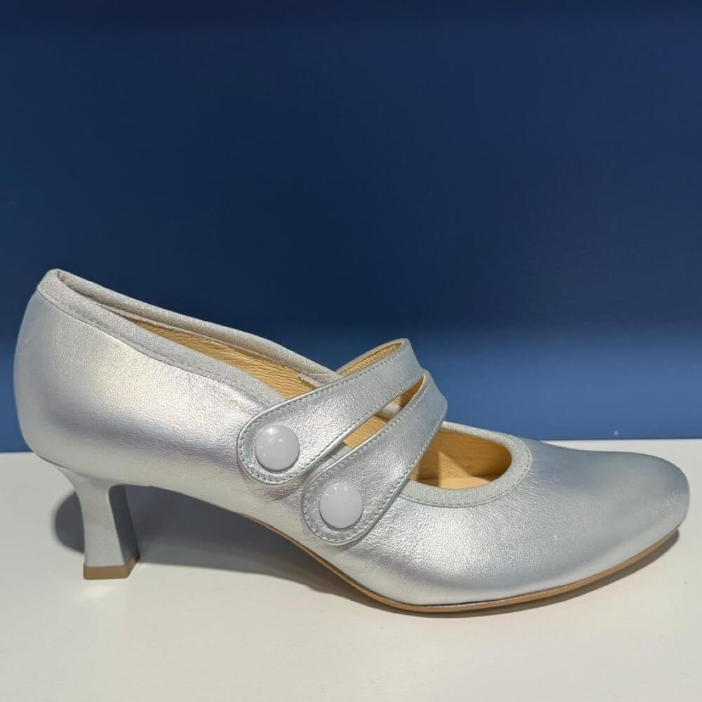 Bioeco Silver Mid-heeled dancing shoe with two straps on a blue background