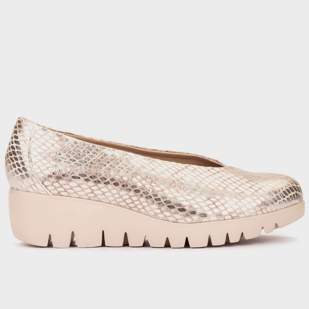 Snake print gold wedge slip-on shoe