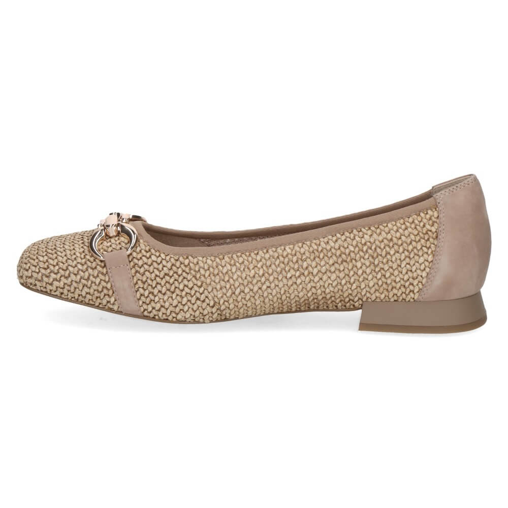 Caprice Beige woven flats worn with Blue jeans on a white background