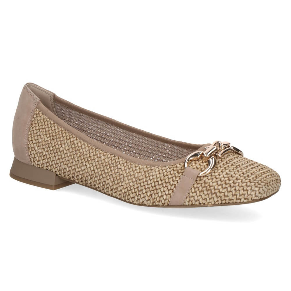 Caprice Beige woven flats worn with Blue jeans on a white background