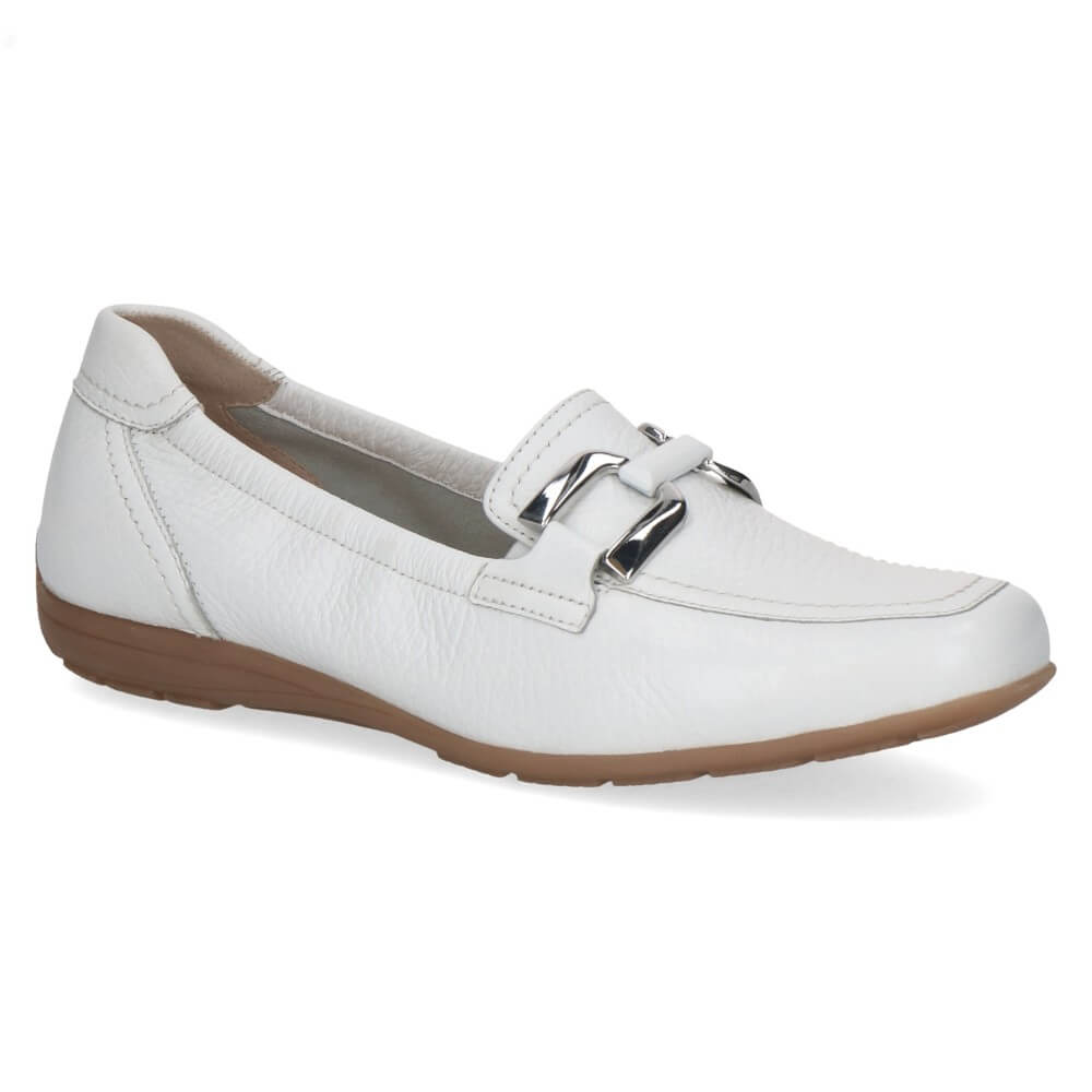 White loafer shoe with a brown sole on a white background caprice