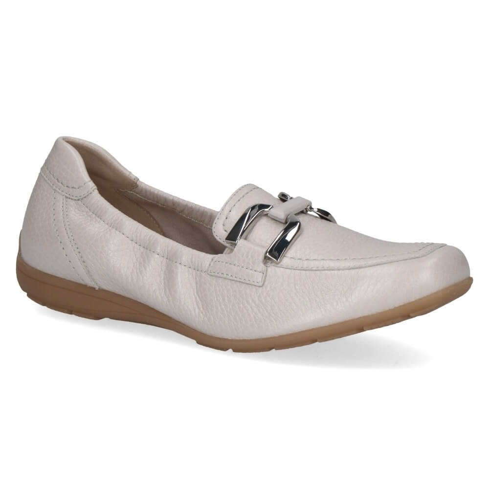 pearl grey shoe with a brown sole on a white background