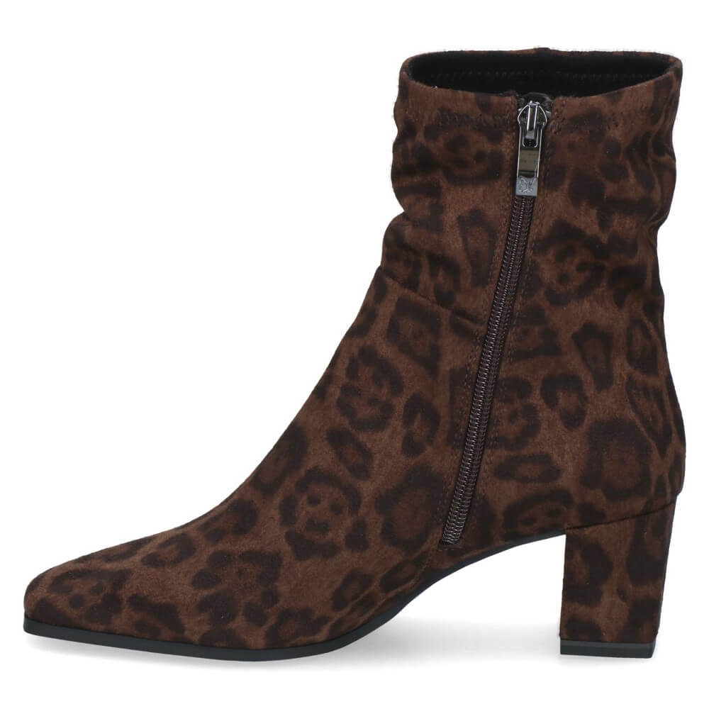 A Caprice brown suede ankle boot with a dark brown leopard print pattern, featuring side zip and a low block heel and a pointed toe, shown against a plain white background.