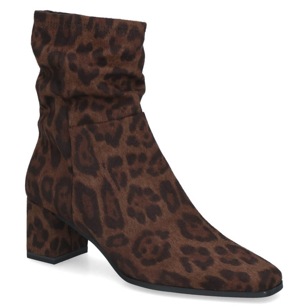 A Caprice brown suede ankle boot with a dark brown leopard print pattern, featuring a low block heel and a pointed toe, shown against a plain white background.
