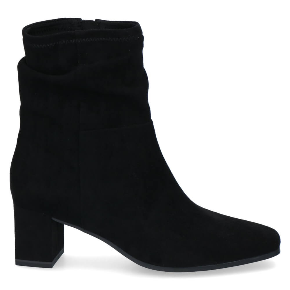  A caprice black suede ankle boot with a block heel and square toe, shown from a side profile on a white background.