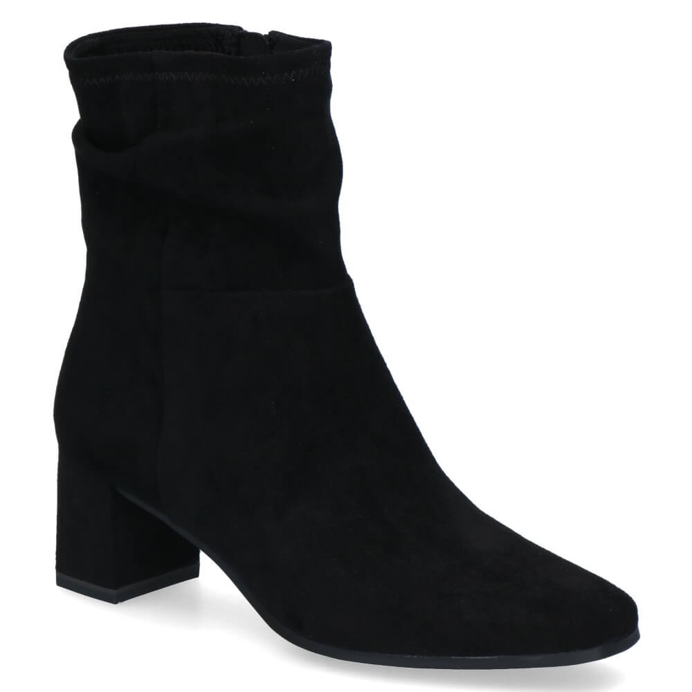 A caprice black suede ankle boot with a block heel and square toe, shown from a side profile on a white background.