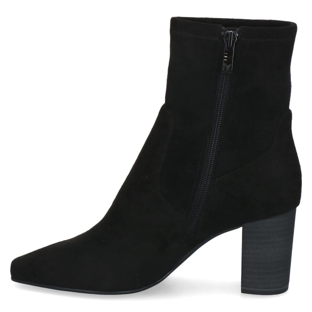 A Caprice black suede ankle boot with a chunky block heel, a side zipper and pointed toe, shown from a side profile on a white background.
