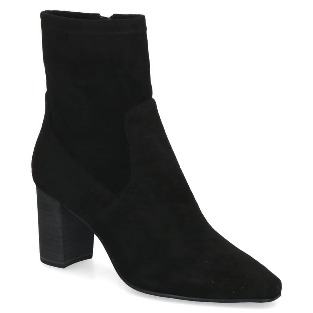 A Caprice black suede ankle boot with a chunky block heel and pointed toe, shown from a side profile on a white background.
