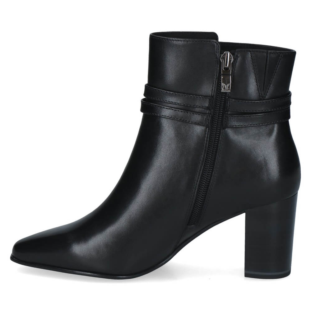A Caprice black leather ankle boot with a pointed toe, block heel, and side zipper, shown from a side angle on a white background.