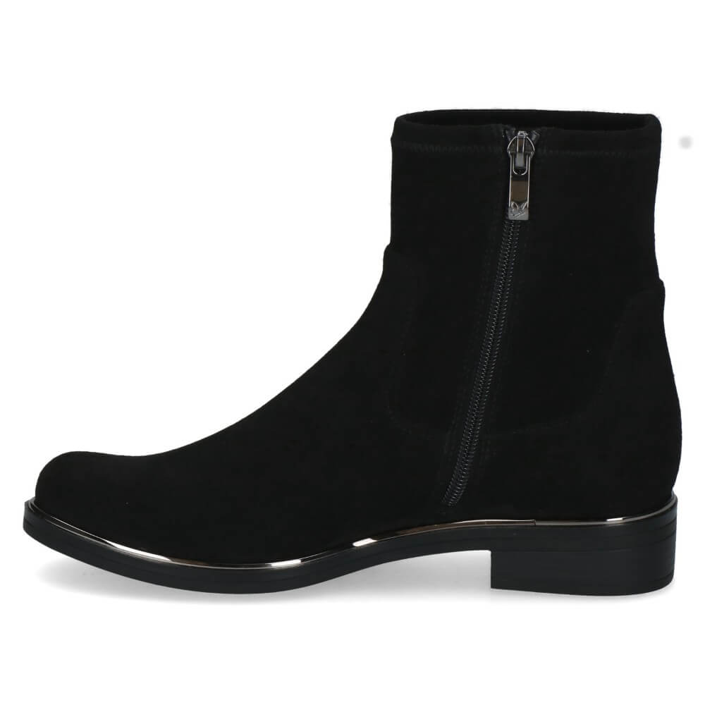 Caprice Black Low flat ankle boot with a zip on a white background