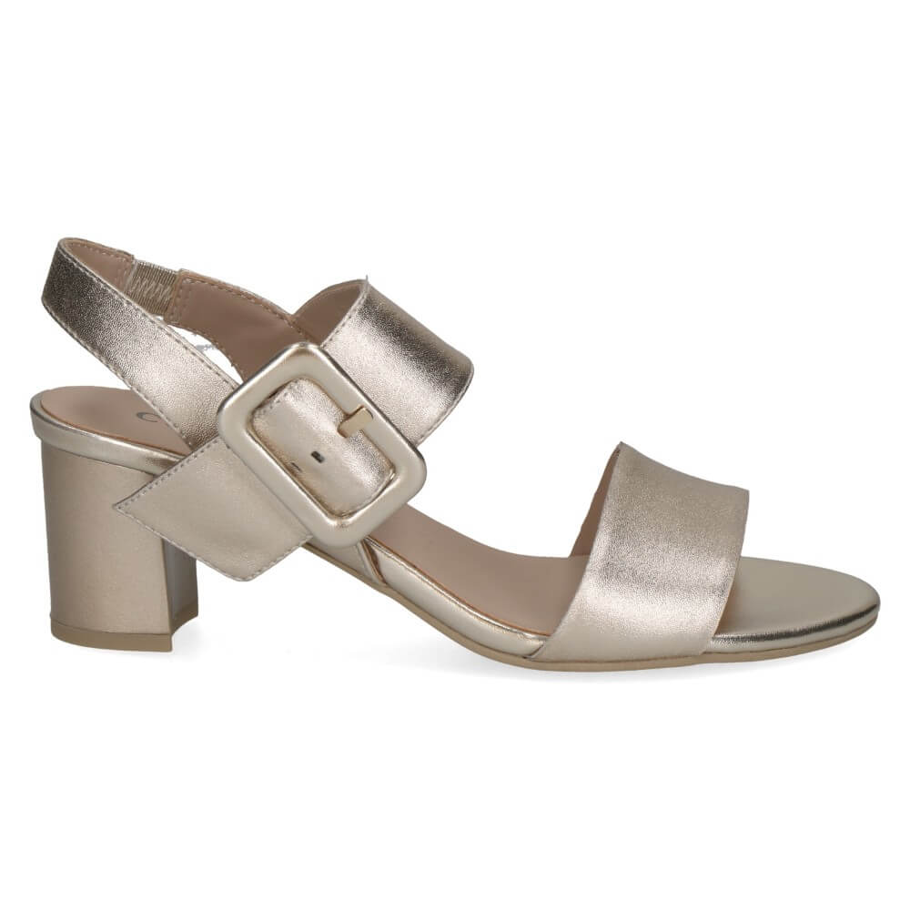 Caprice Gold metallic sandal with a buckle on a white background