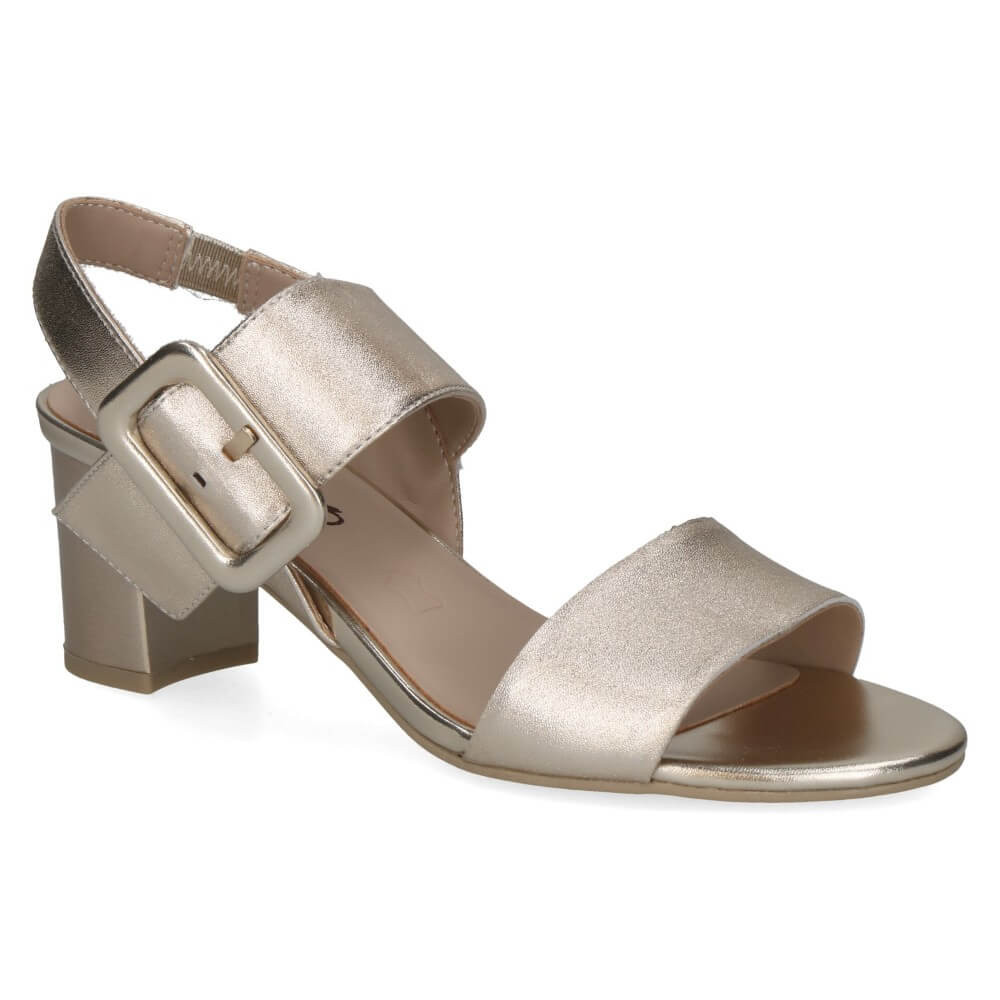 Caprice Gold metallic sandal with a buckle on a white background