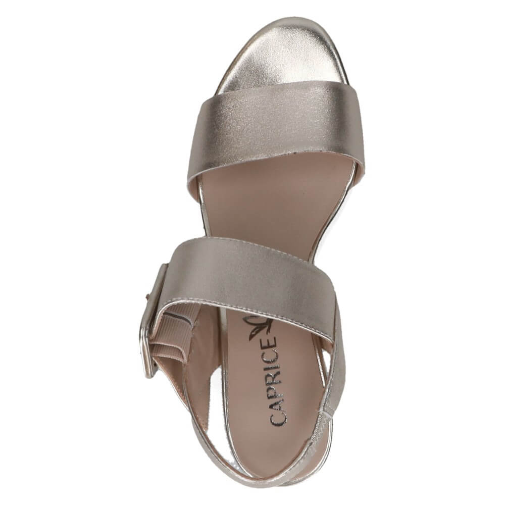 Caprice Gold metallic sandal with a buckle on a white background