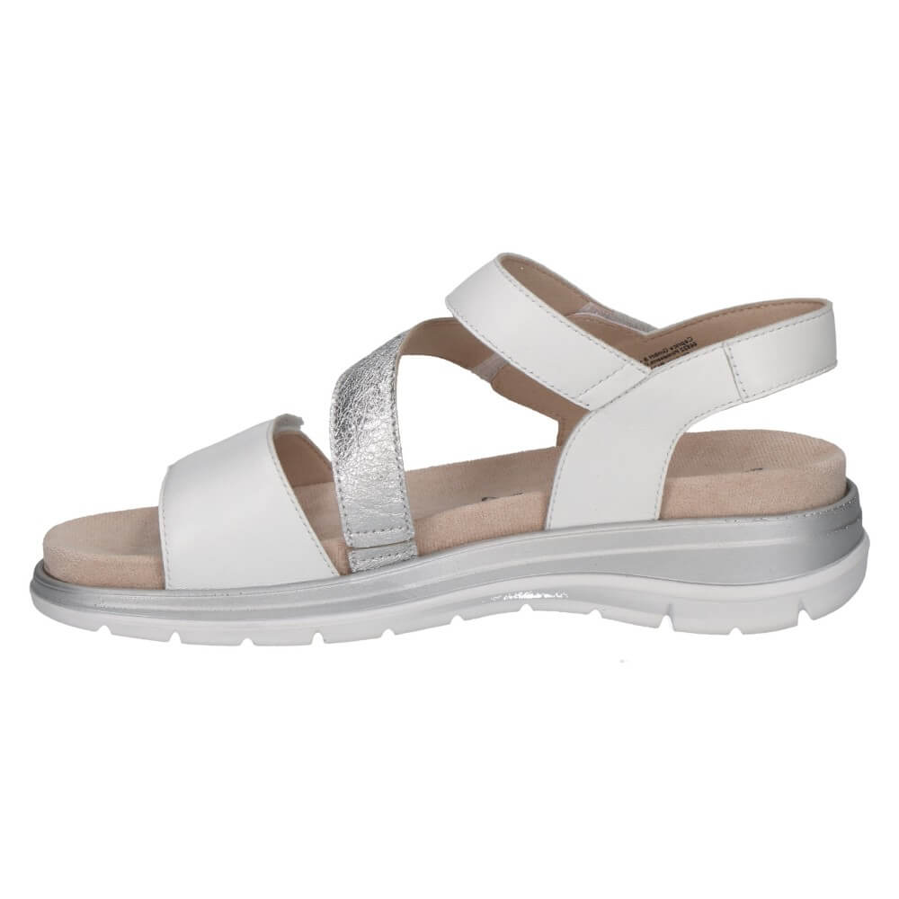 Caprice White sandal with a silver strap on a white background