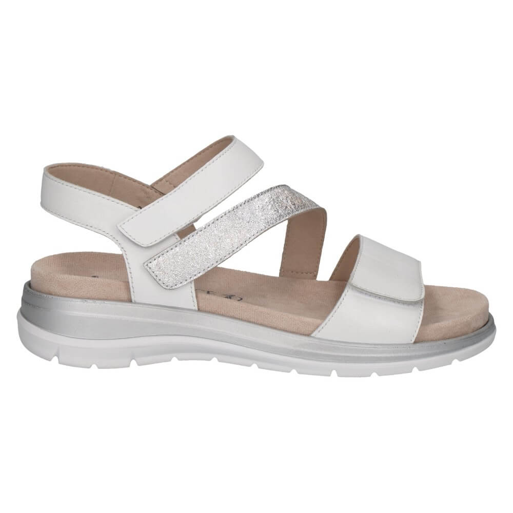 Caprice White sandal with a silver strap on a white background