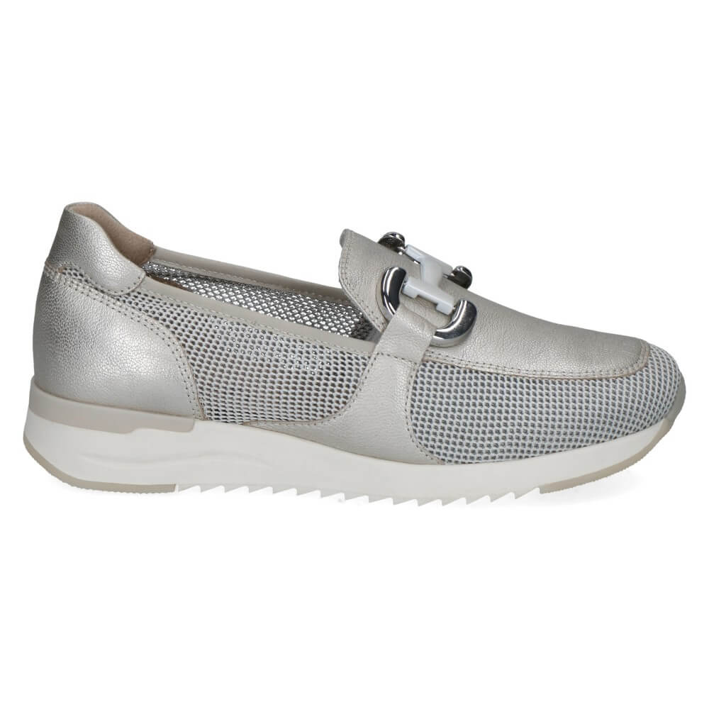 Silver casual shoe with a buckle on a white background