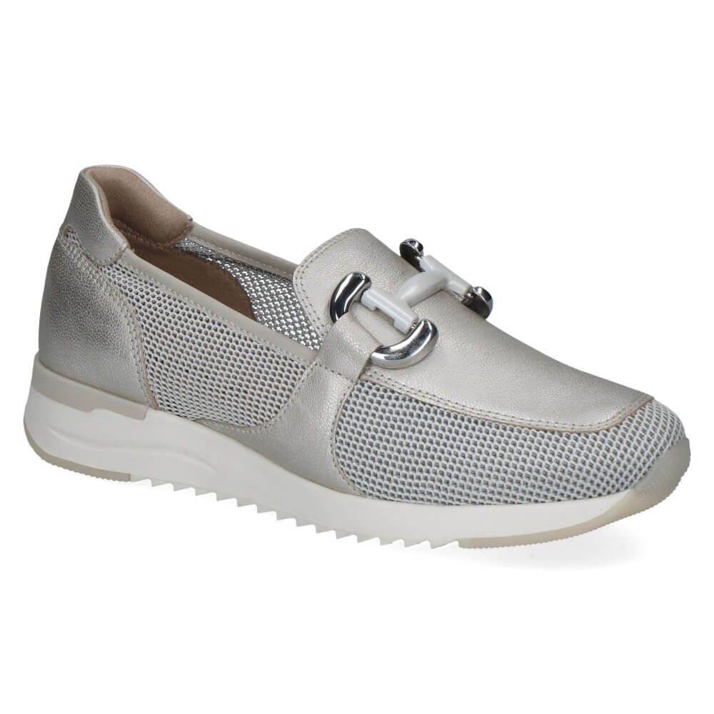 Silver casual shoe with a white sole on a white background