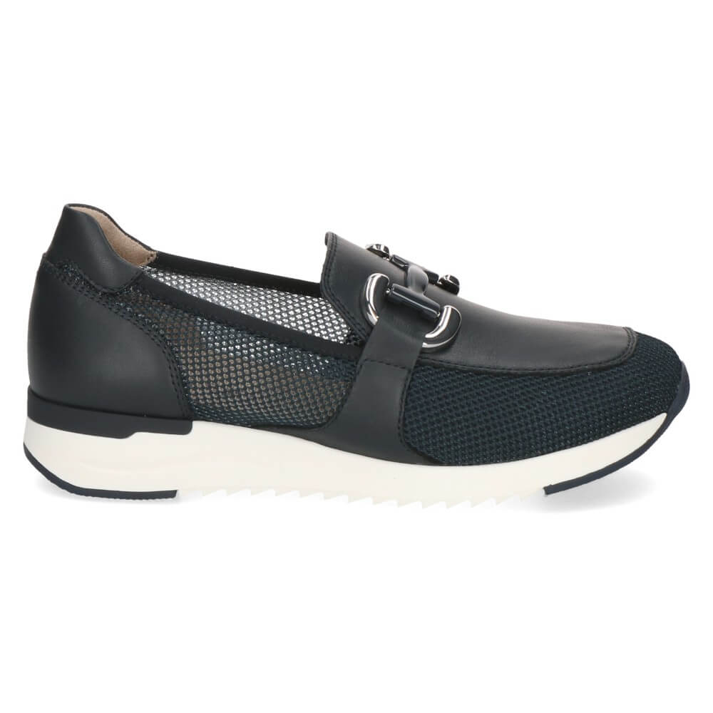 navy leather loafer with mesh design on a white background