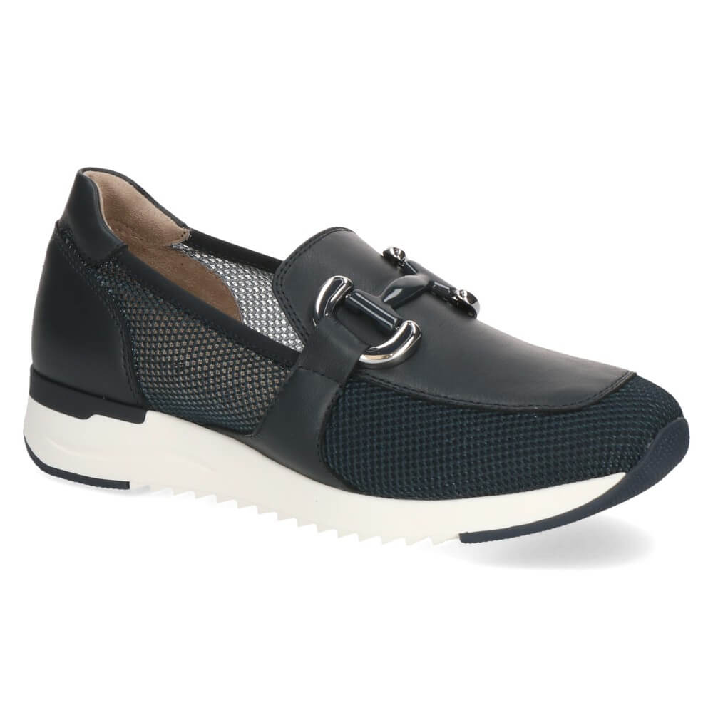 Navy Leather Loafer with a white sole on a white background