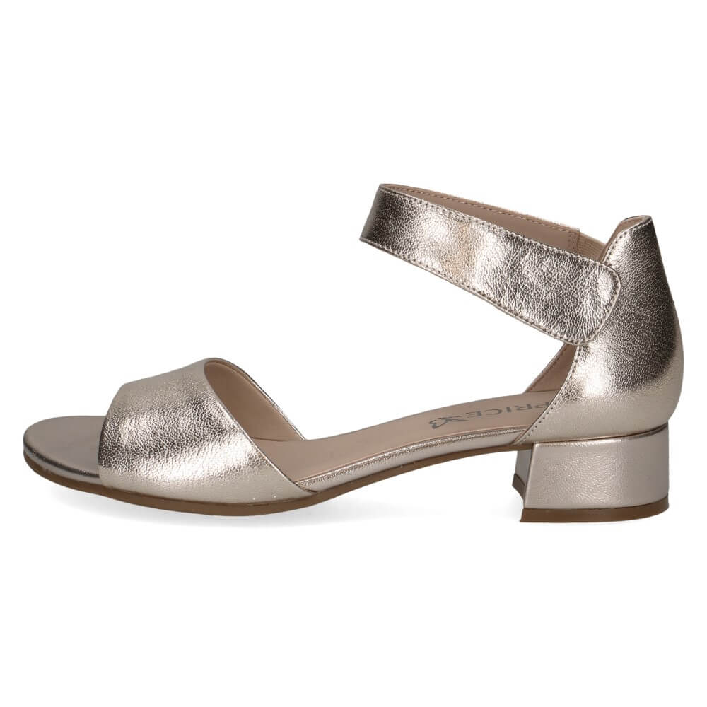 Gold metallic sandal with block heel on a white background