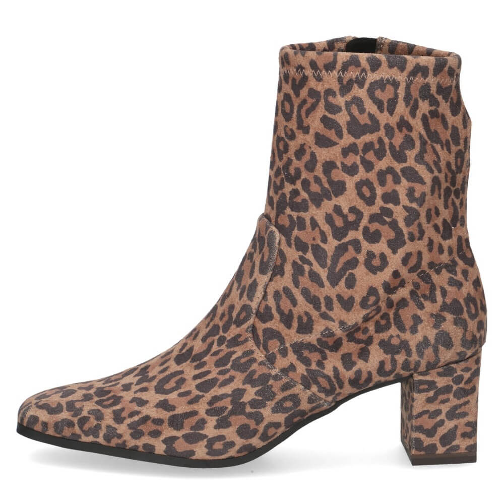 Leopard print boot with PFI vegan certification label on a white background Caprice Block heel ankle boot 9-25354 Vegan LEOPARD