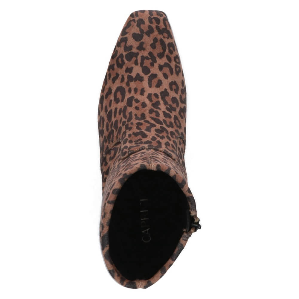 Leopard print boot with PFI vegan certification label on a white background Caprice Block heel ankle boot 9-25354 Vegan LEOPARD