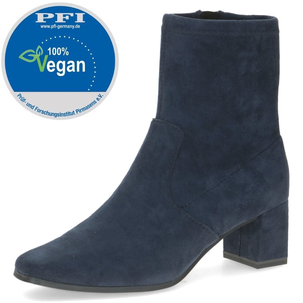 Blue suede boot with a '100% Vegan' certification label on a white background Caprice Block heel ankle boot 9-25354 Vegan  NAVY