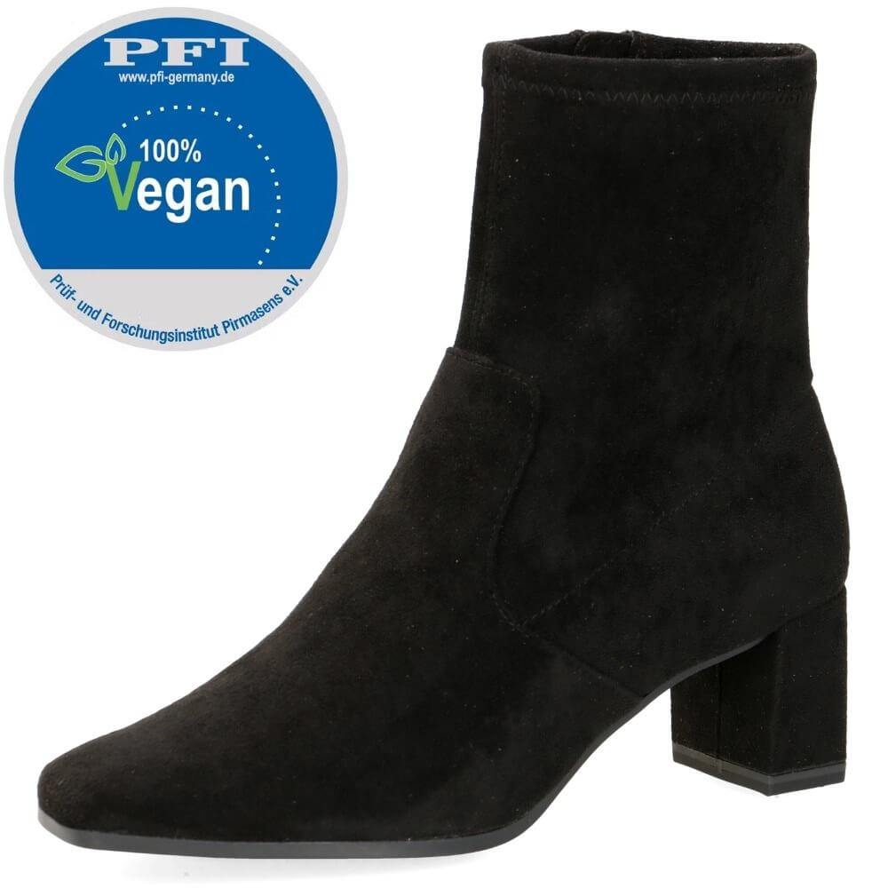 Black suede ankle boot with a '100% Vegan' label on a white background Caprice Block heel ankle boot 9-25354 Vegan BLACK