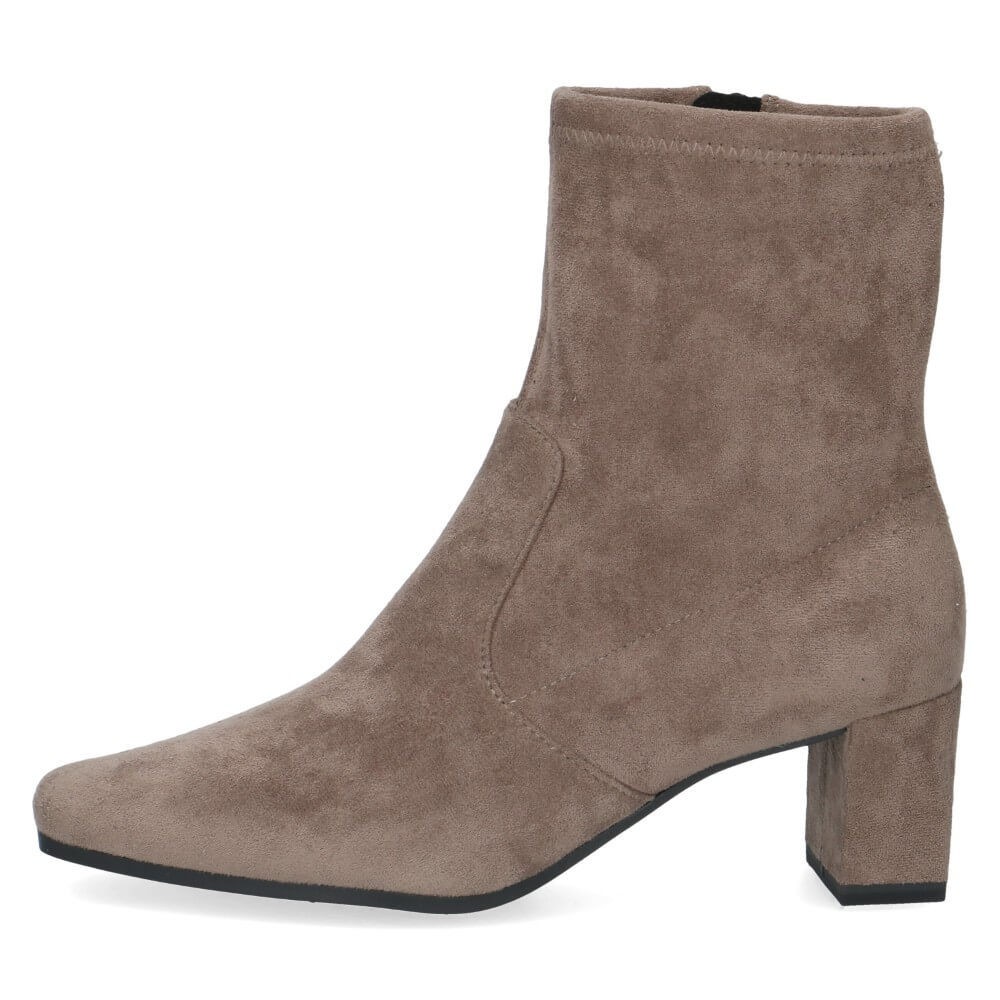 Brown suede boot with a '100% Vegan' label on a white background Caprice Block heel ankle boot 9-25354 Vegan CAFFEE