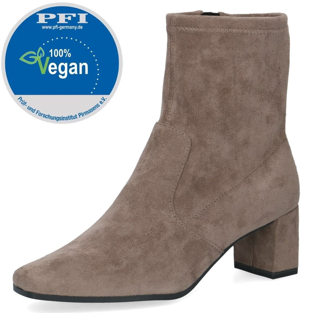 Brown suede boot with a '100% Vegan' label on a white background Caprice Block heel ankle boot 9-25354 Vegan CAFFEE