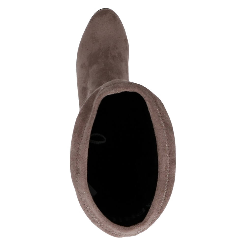 Brown knee-high boot with a '100% Vegan' label on a white background  Caprice Knee High Stretch Boots 9-25506 Vegan Caffee 