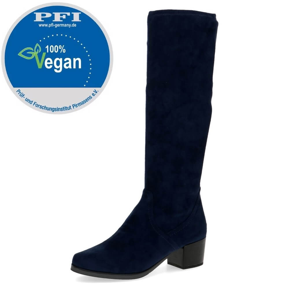 Navy blue knee-high boot with a '100% Vegan' label on a white background Caprice Knee High Stretch Boots 9-25506 Vegan Navy