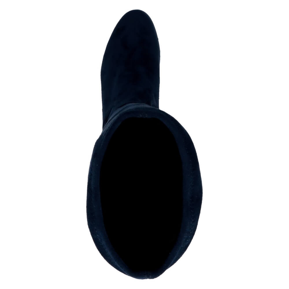 Navy blue knee-high boot with a '100% Vegan' label on a white background Caprice Knee High Stretch Boots 9-25506 Vegan Navy