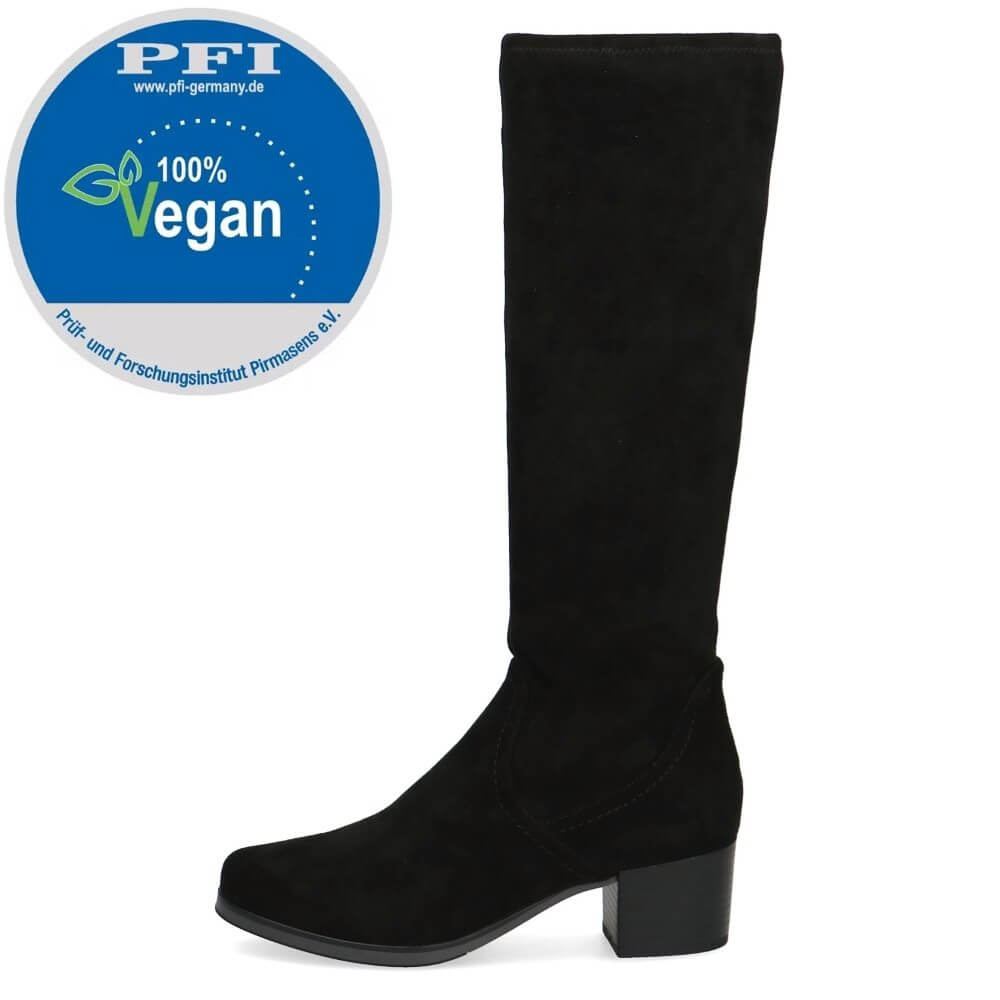 Black knee-high boot with a '100% Vegan' label on a white background Caprice Knee High Stretch Boots 9-25506 Vegan Black