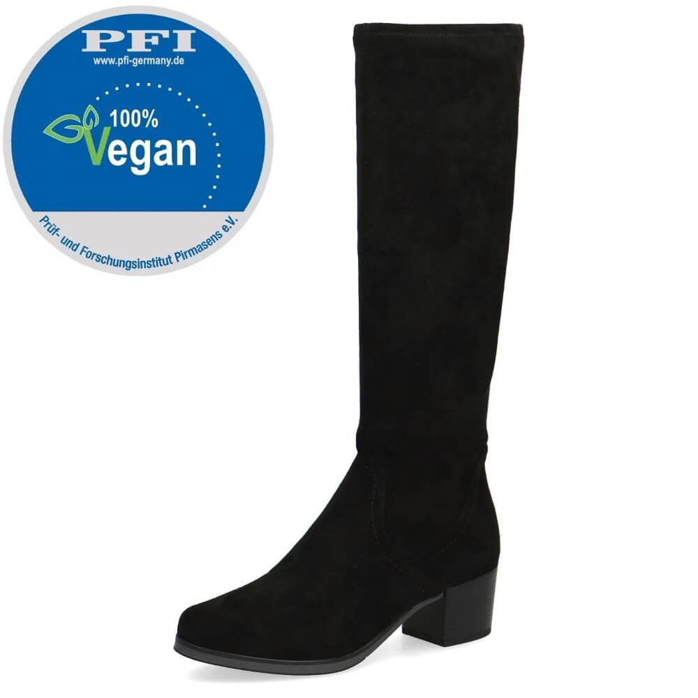 Black knee-high boot with a '100% Vegan' label on a white background Caprice Knee High Stretch Boots 9-25506 Vegan Black
