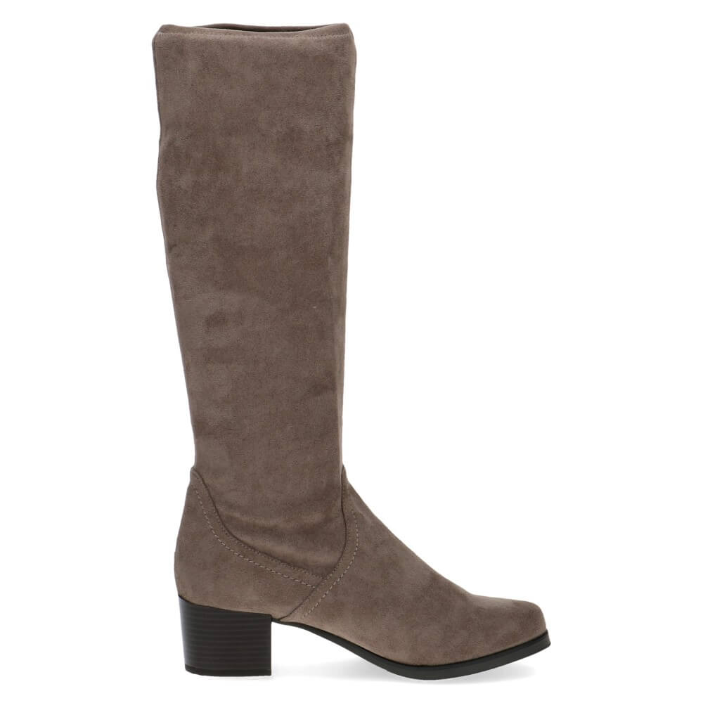 Brown knee-high boot with a '100% Vegan' label on a white background  Caprice Knee High Stretch Boots 9-25506 Vegan Caffee 