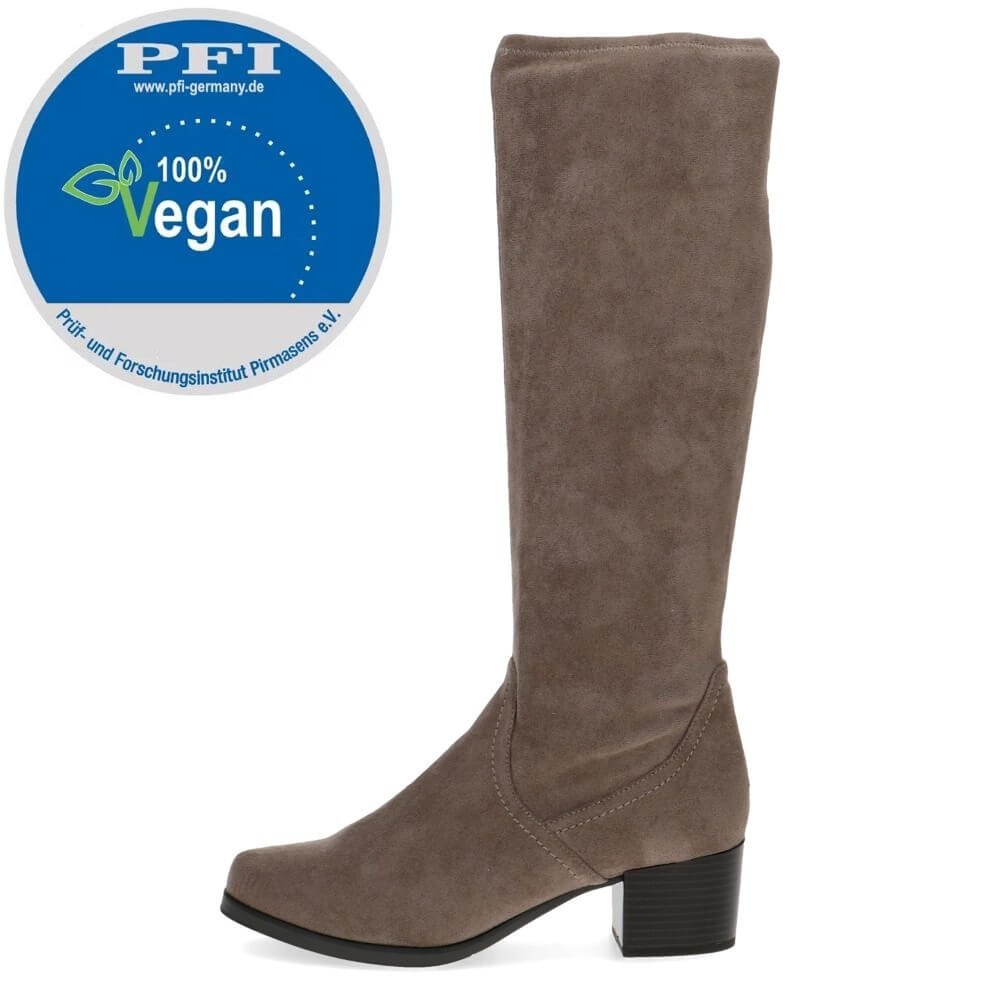 Brown knee-high boot with a '100% Vegan' label on a white background  Caprice Knee High Stretch Boots 9-25506 Vegan Caffee 