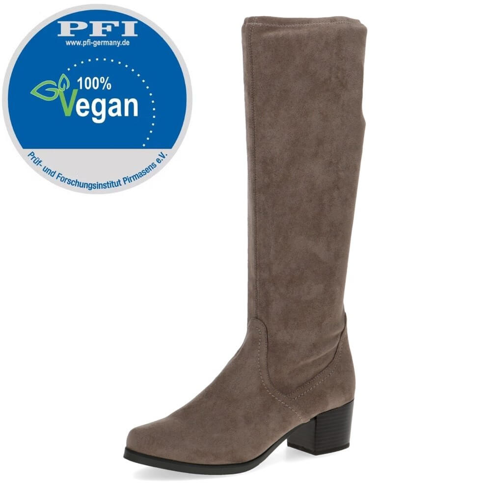 Brown knee-high boot with a '100% Vegan' label on a white background  Caprice Knee High Stretch Boots 9-25506 Vegan Caffee 